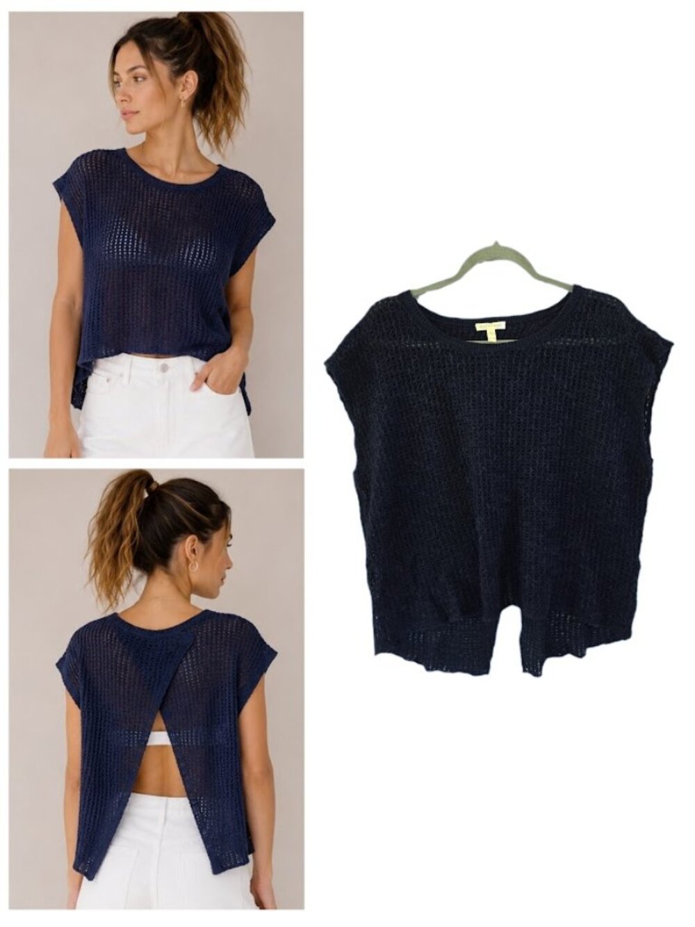 Eileen Fisher Open Knit Linen Cotton Split Crossover Open Back Top Navy XL